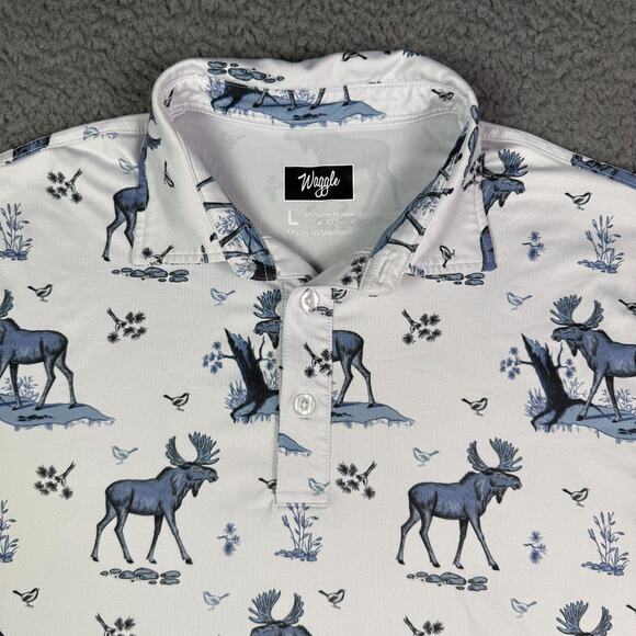 Waggle Polo Golf Shirt Mens Large White Moose is Loose Print Performance Stretch - Picture 1 of 10
